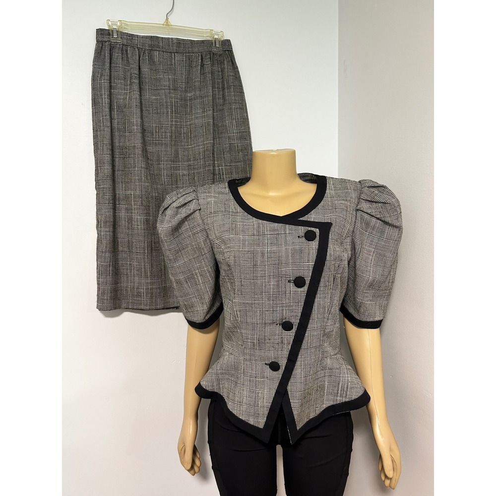 Ann Tobias Vintage 80s Glen Plaid Skirt Suit Set Puff Sleeve Peplum Grey M